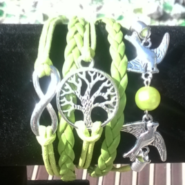 Infinity Faux Leather Braided Tree Of Life, White Dove Birds & Pearl Bracelet